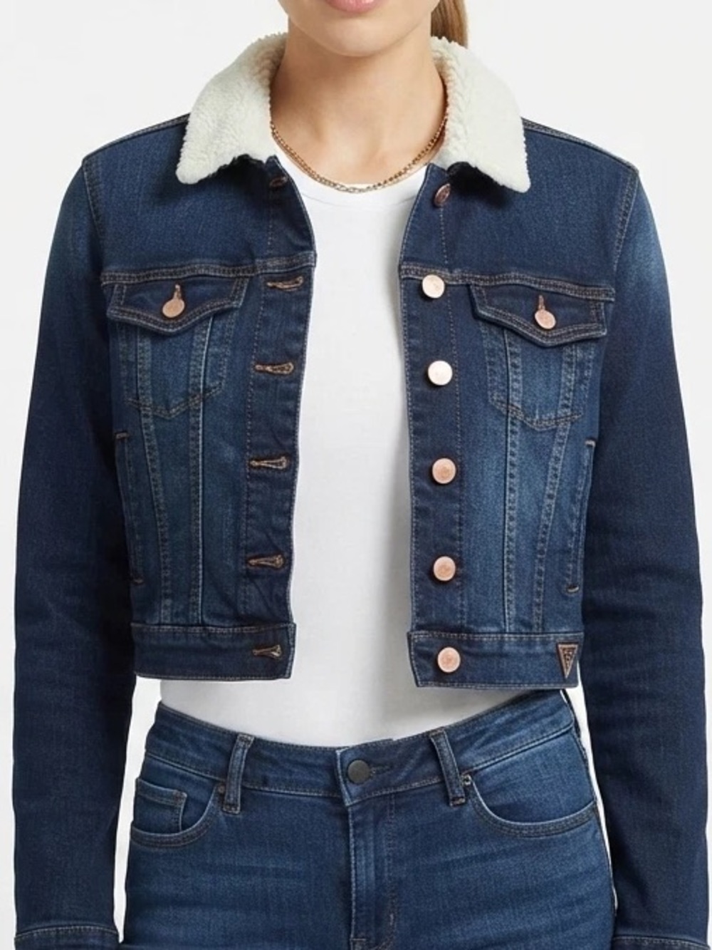 GUESS Jean Sherpa Trim Cropped Denim Jacket Blue Size L